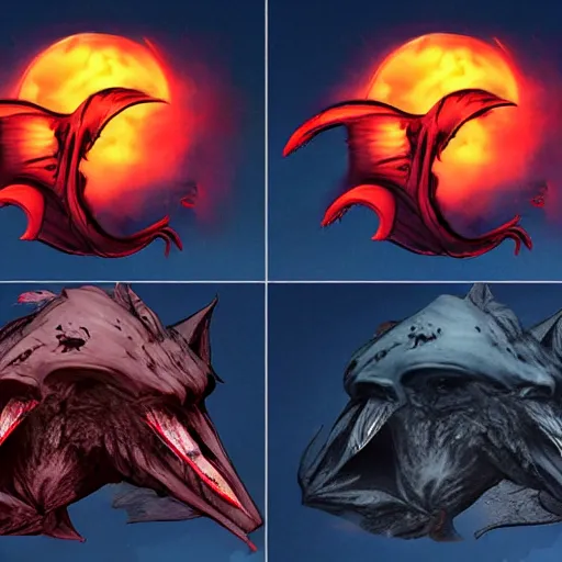 Image similar to front and back character view of scary giant mutant dark blue humanoid bat, glowing red eyes flying above a stormy ocean, sharp teeth, acid leaking from mouth, realistic, giant, bat ears, bat nose, bat claws, bat wings, furred, covered in soft fur, detailed, trending on artstation clean concept art and sheet that using unreal engine 5 render and hyper detailed 3D texture with cinematic software light 85mm f/1.4