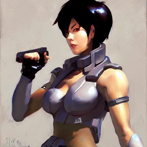 Image similar to greg manchess portrait painting of invisible armored motoko kusanagi as overwatch character, medium shot, asymmetrical, profile picture, organic painting, sunny day, matte painting, bold shapes, hard edges, street art, trending on artstation, by huang guangjian, gil elvgren, ruan jia, greg rutkowski, gaston bussiere