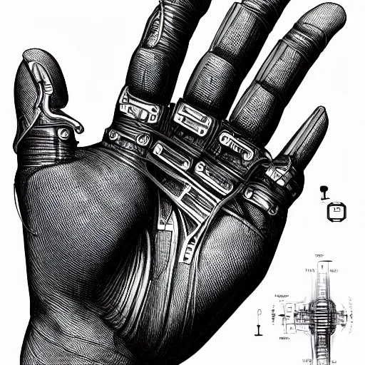 Prompt: parts diagram of a cybernetic hand with all parts labeled, intricate and detailed assembly drawing of a cybernetic hand, symmetrical fine details, jaw dropping details, fantasy concept art, hyper realistic illustration, 8 k, artstation