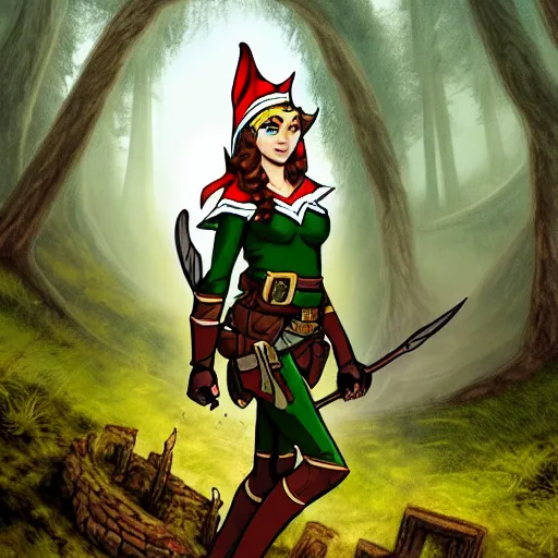 Prompt: Freya Allan as elf ranger, wide angle, ratio 16:9, background is an ancient ruin in a forest, dramatic lighting, concept art, award winning, illustration by  Jack Kirby
