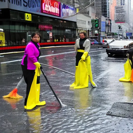 Prompt: a group of cleaners with mops fighting puddles in rainy new york street