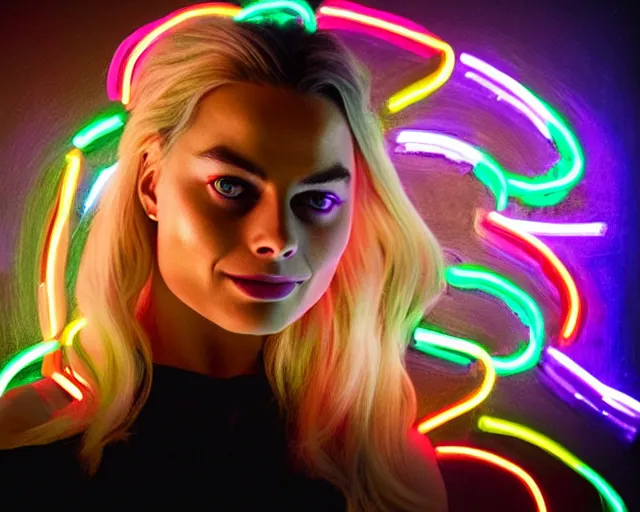 Image similar to led neon art of margot robbie, hyper detailed, award winning