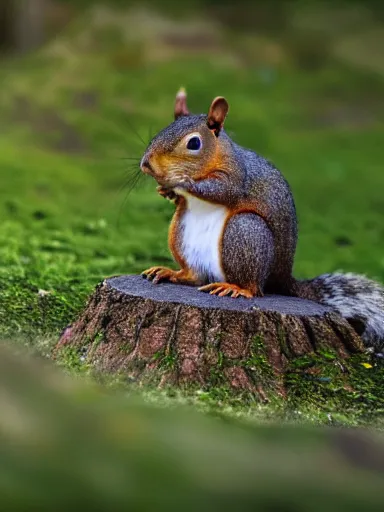 Image similar to a squirrel as king arthur, extremely plump, wearing crown of acorns and dandelions, servant squirrels, king arthur's court, game of thrones, sitting on throne, extreme wide shot, low angle, crown, crown, crown, palace, fantasy art, cinematic lighting, realistic, sony 2 4 mm f 8. 0