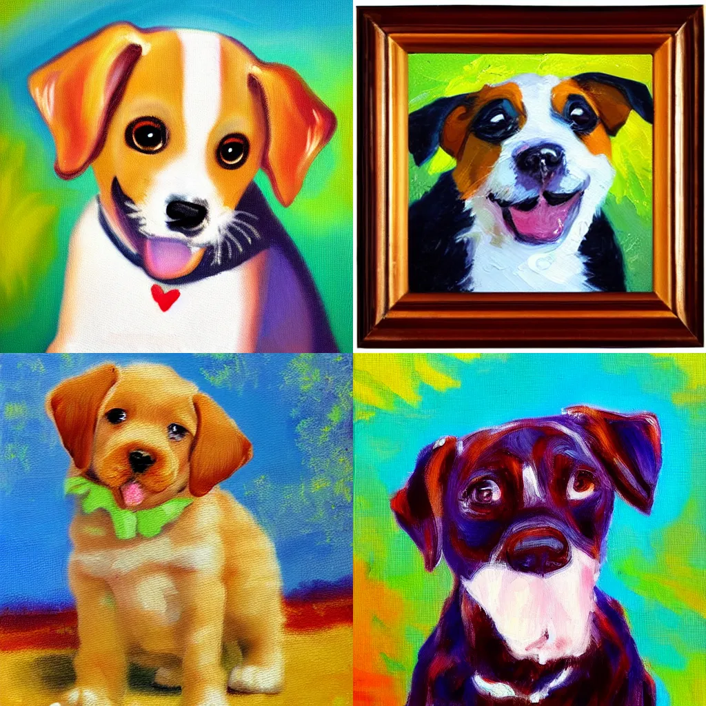 Prompt: happy puppy, impressionist oil painting