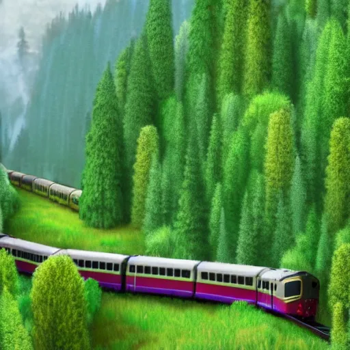 Prompt: a train travels through the mountains and forests,hyperrealistic