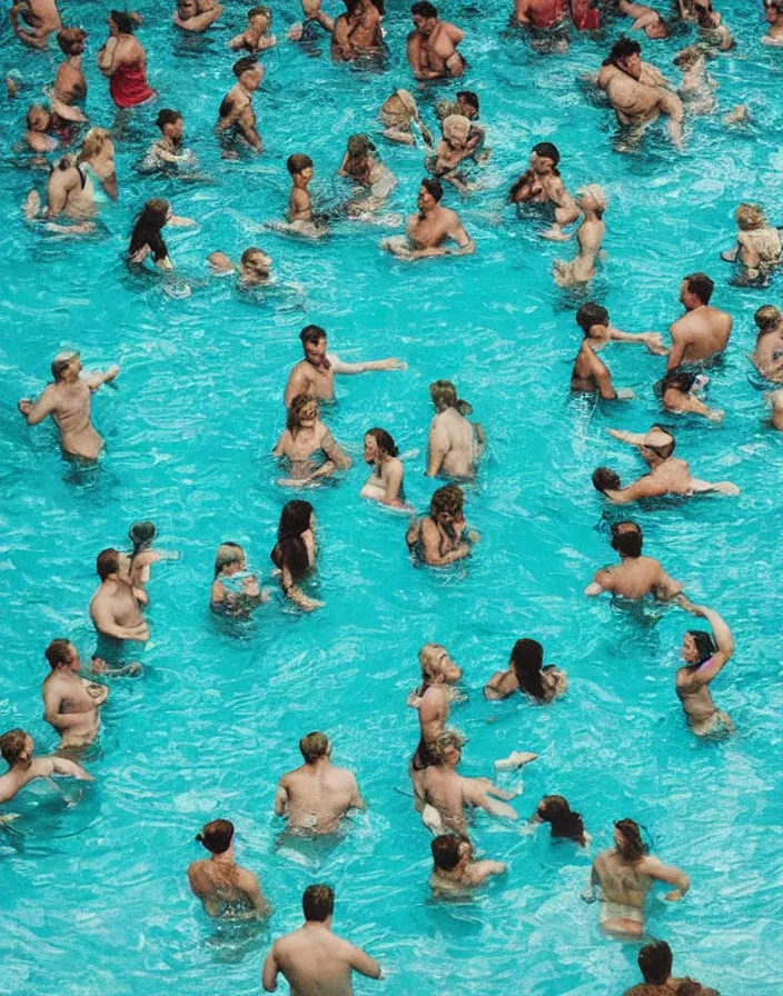 Image similar to “ a close - up of people stuck in a small square swimming pool, color photography ”