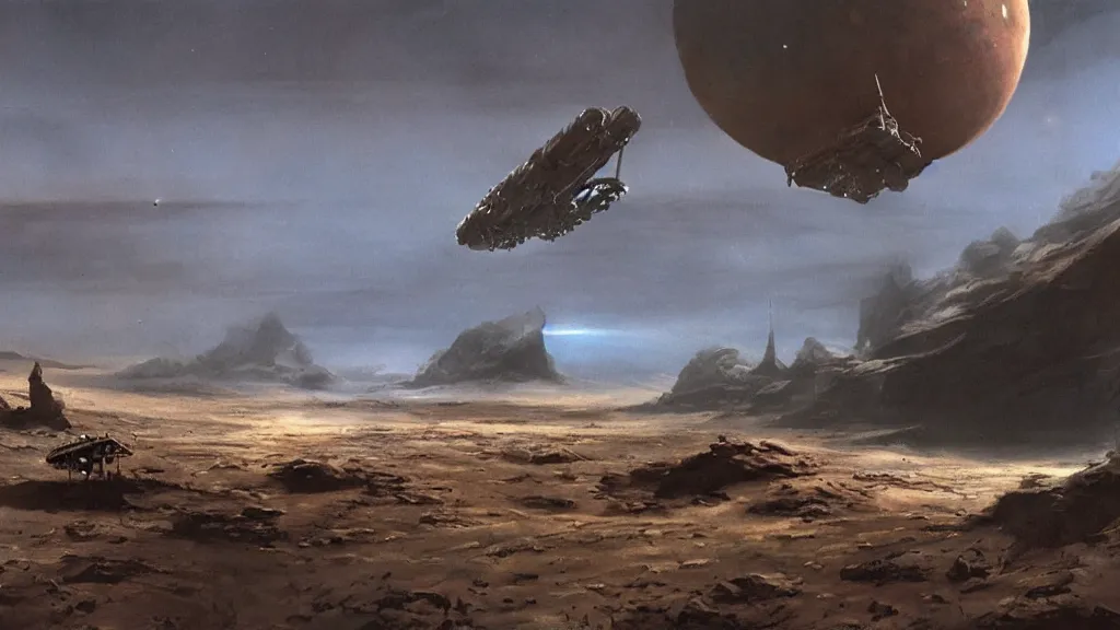 Image similar to small organic dropship lander by john schoenherr and jim burns, epic cinematic matte painting