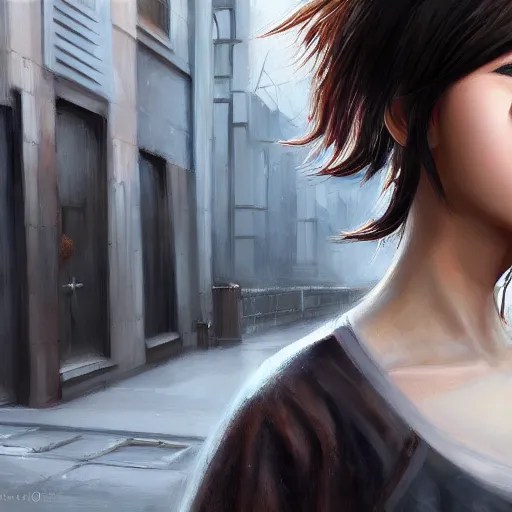 Image similar to a perfect, realistic professional oil painting of a Japanese schoolgirl posing in a dystopian alleyway, close-up, by a professional American senior artist on ArtStation, a high-quality hollywood-style concept