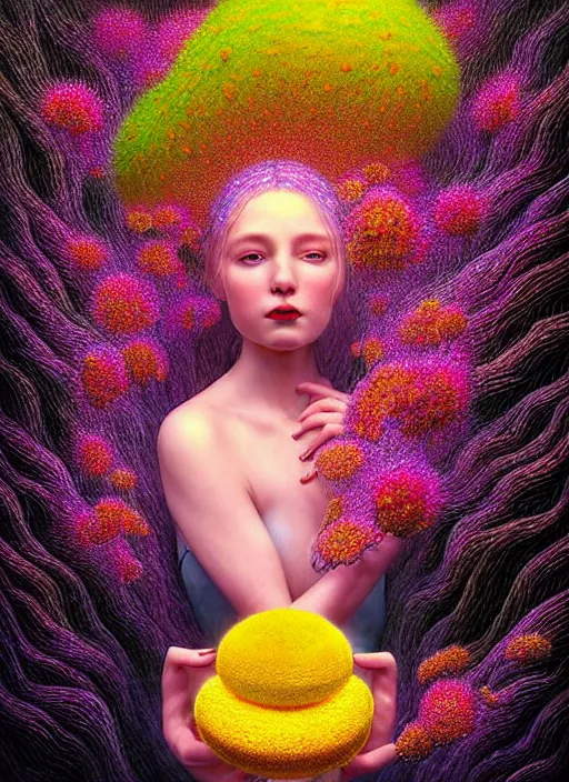 Image similar to hyper detailed 3d render like a Oil painting - Aurora (Singer) looking adorable and seen joyfully Eating of the Strangling network of yellowcake aerochrome and milky Fruit and Her delicate Hands hold of gossamer polyp blossoms bring iridescent fungal flowers whose spores black the foolish stars to her adorable smirking mouth by Jacek Yerka, Mariusz Lewandowski, Houdini algorithmic generative render, Abstract brush strokes, Masterpiece, Edward Hopper and James Gilleard, Zdzislaw Beksinski, Mark Ryden, Wolfgang Lettl, hints of Yayoi Kasuma, octane render, 8k