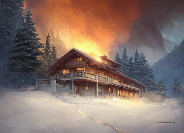 Image similar to mountain chalet covered in fire, smoke, sunrise, snow, sharp details, sharp focus, elegant, highly detailed, illustration, by Jordan Grimmer and greg rutkowski and PiNe(パイネ) and 薯子Imoko and 香川悠作 and wlop and maya takamura, intricate, beautiful, Trending artstation, pixiv, digital Art