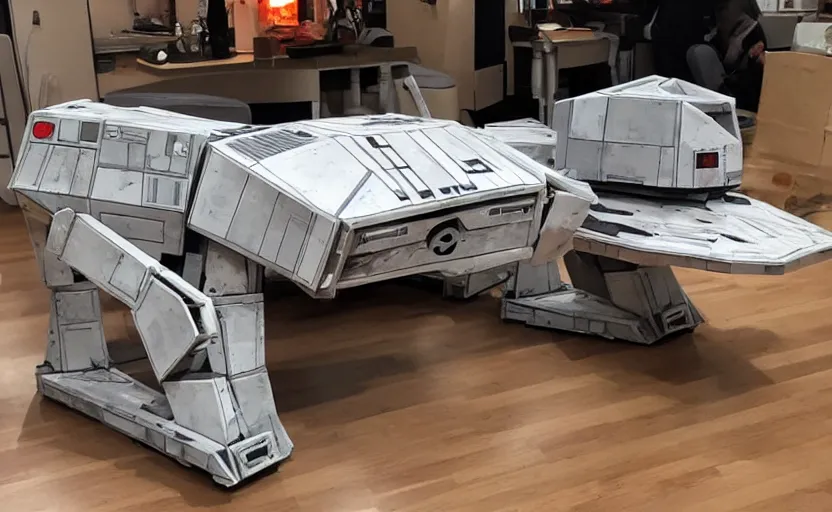 Prompt: a starwars at - at constructed from pizza