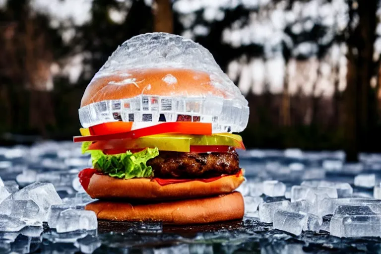 Image similar to a clear ice sculpture of a burger made entirely of ice, 4 k