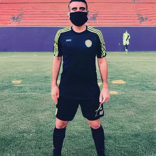 Prompt: unfit kurdish soccer player with face mask and great hair