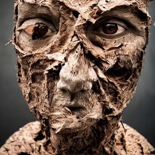 Image similar to surrealism sculpture by enrico ferrarini, human face, torn and ferocious.