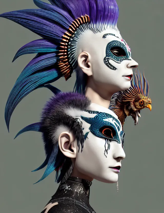 Image similar to 3 d goddess close - up profile portrait punk with mohawk with ram skull. beautiful intricately detailed japanese crow kitsune mask and clasical japanese kimono. betta fish, jellyfish phoenix, bio luminescent, plasma, ice, water, wind, creature, artwork by tooth wu and wlop and beeple and greg rutkowski