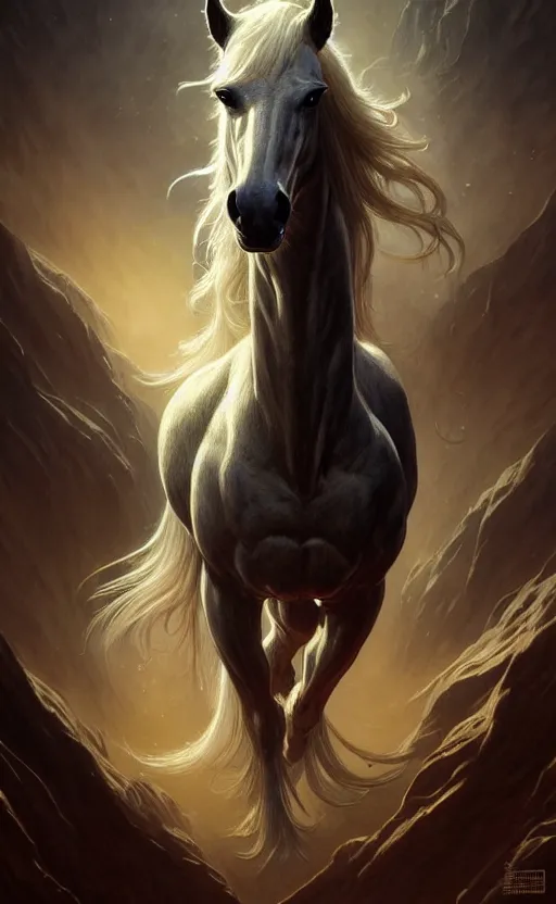 Image similar to horse art by giger, deep focus, d & d, dark fantasy, intricate glow accents, elegant, highly detailed, digital painting, artstation, concept art, matte, sharp focus, 8 k 3 d, hearthstone, art by artgerm and greg rutkowski and alphonse mucha