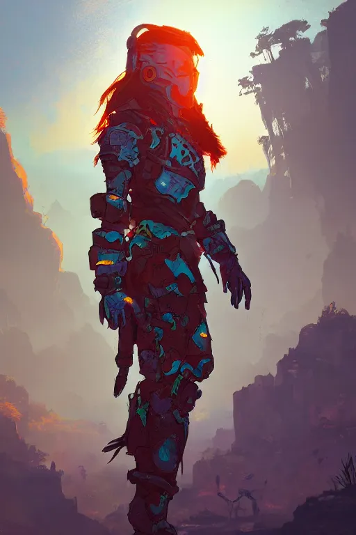 Image similar to combination suit armor aloy horizon forbidden west horizon zero dawn radiating a glowing aura global illumination ray tracing hdr fanart arstation by ian pesty and alena aenami artworks in 4 k tribal robot ninja mask helmet backpack