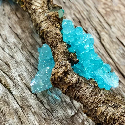 Prompt: old twisted mossy tree branch wrapped around a large blue crystal