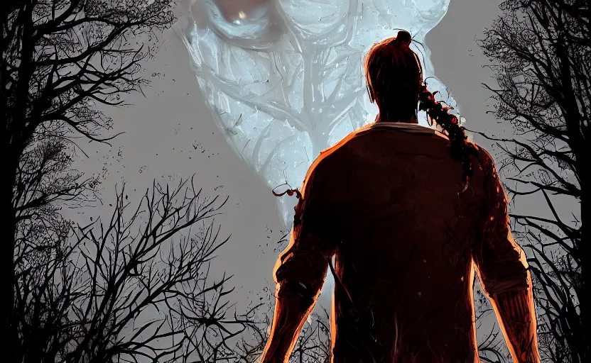 Image similar to view from behind a dead by daylight killer with long hair reaching up to a night sky, stars aligning, character portrait, digital art