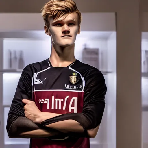 Image similar to a realistic detailed photo of a guy who is an attractive humanoid who is half robot and half humanoid, who is a male android, soccer player martin ødegaard, shiny skin, posing like a statue, blank stare, in a living room, on display