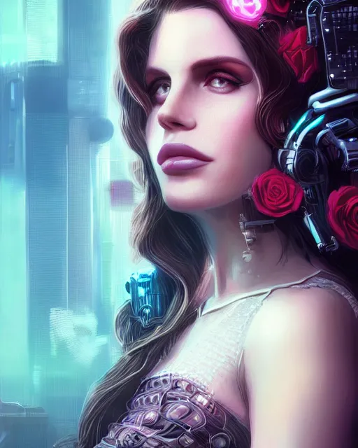 Image similar to portrait of lana del rey as a cyberpunk cyborg. roses, sci - fi, intricate abstract upper body intricate artwork, by tooth wu, wlop, beeple, dan mumford. concept art, octane render, deviantart, greg rutkowski, cinematic arthouse, key art, hyper realism, iridescent accents