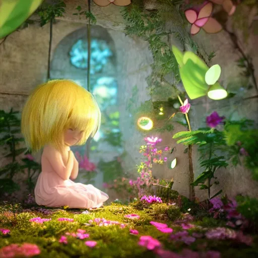 Prompt: a tiny cute fairy in a flower house, beautiful face, large eyes, cute, adorable, volumetric light, octane render, trending on artstation