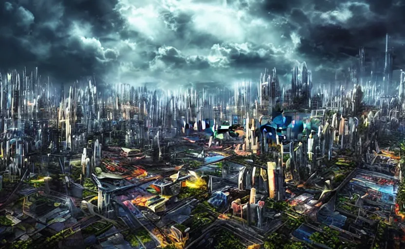 Image similar to vista of futuristic city, harmony of technology and nature, dramatic afternoon sky, peaceful