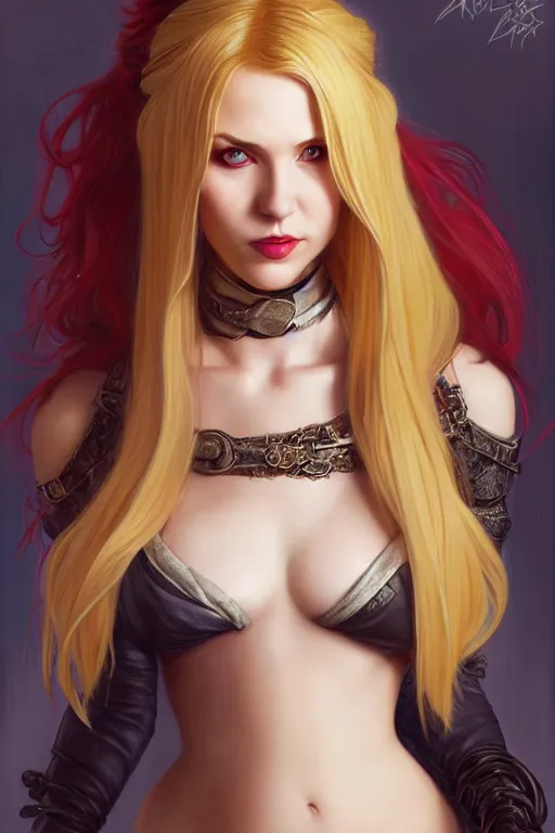Prompt: Portrait of seductive female rogue, D&D, revealing stylish dress, choker on neck, long blonde or red hair, mouth slightly open, slight nerdy smile, fantasy, intricate, elegant, highly detailed, digital painting, artstation, concept art, smooth, sharp focus, illustration, art by artgerm and greg rutkowski and alphonse mucha