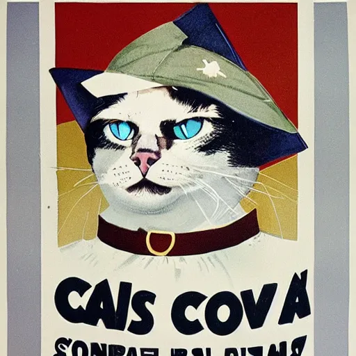 Image similar to propaganda poster with a cat as the centerpiece