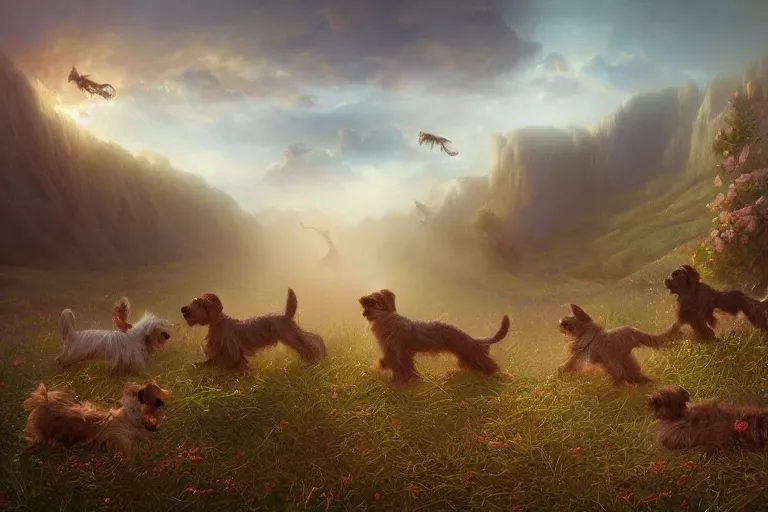 Prompt: an intricate colorful matte painting of a herd of yorkshire terrier puppies hunting a pinata, by Christophe Vacher and Bastien Lecouffe-Deharme, trending on artstation