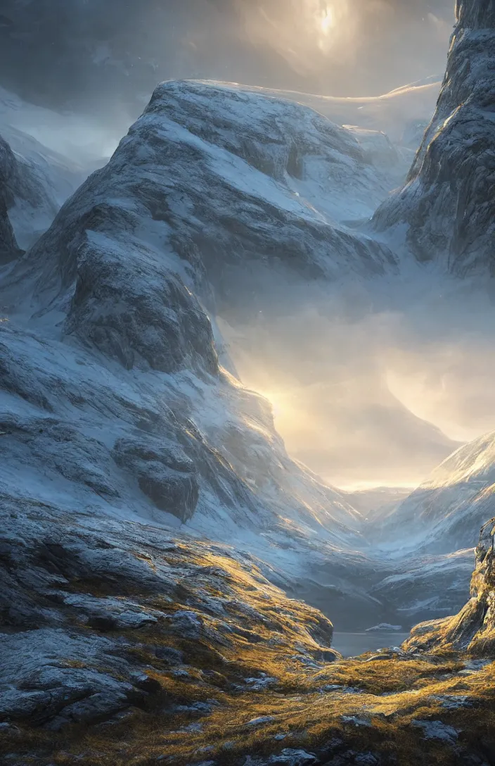 Prompt: a highly detailed glowing portal within an norway landscape, detailed, high mountains, hyperreal phantastic, uplight, intricate details in environment, luminance, golden ratio, high aestehtic, cinematic light dramatic light, godrays, distance, hyperreal, photobash, wideangle, terrence malick, hyperreal 4 k