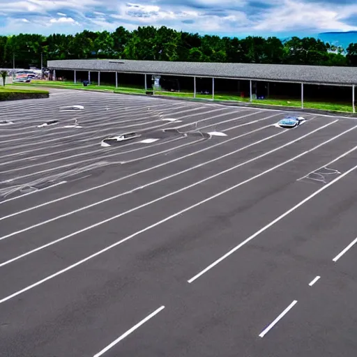 Image similar to Beatiful Fuzzy Photograph of an infinite parking lot, Long shot, full shot, wide shot, low angle,wide angle lens