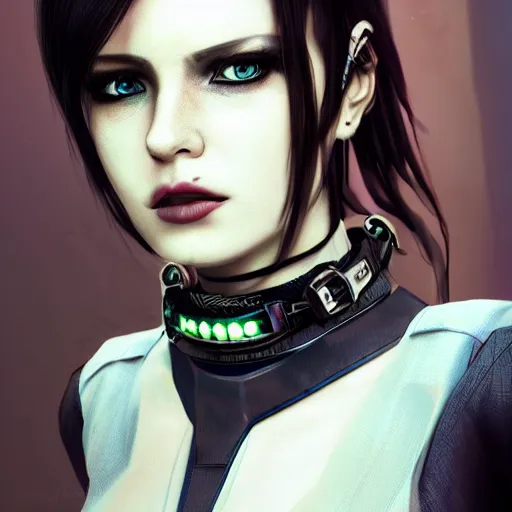 Image similar to realistic female character cyberpunk wearing technological collar around neck, realistic, art, beautiful, 4K, collar, choker, collar around neck, punk, artstation, detailed, female, woman, choker, dark,