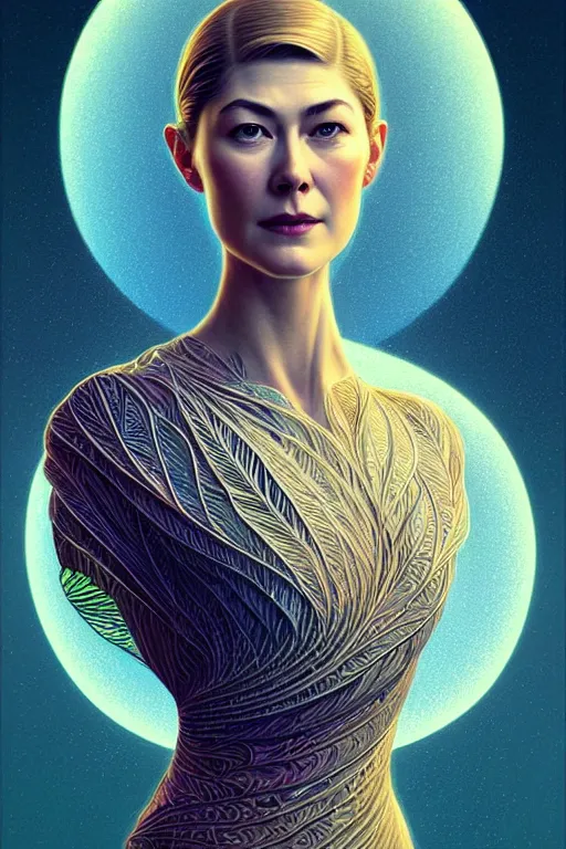 Image similar to young rosamund pike portrait, art deco, fantasy, intricate art deco leaf designs, elegant, highly detailed fractals, sharp focus, art by artgerm and beeple and greg rutkowski and wlop