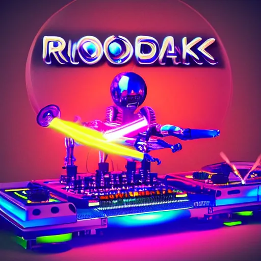 Image similar to album art, the band name is roborock, album name is energetic trance music, band with 3 steampunk robots on a dj desk with a cd mixer, 8 k, flourescent colors, halluzinogenic, multicolored, exaggerated detailed, front shot, 3 d render, octane