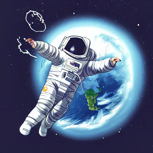 Image similar to Yan Wei illustration of an astronaut drifting in space staring at the earth