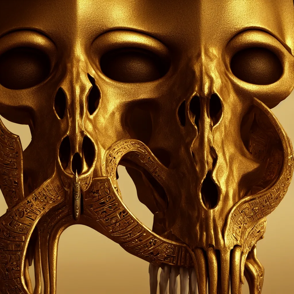 Image similar to Photorealistic epic egyptian god face portrait ram skull, jackal skull, gold. ominous, ancient magic, intricate artwork by Tooth Wu and beeple and Jake Baddeley. octane render, trending on artstation, greg rutkowski very coherent symmetrical artwork. cinematic, hyper realism, high detail, octane render, 8k