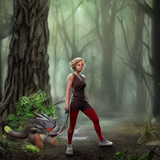 Image similar to jennifer lawrence as a pokemon trainer, in a dark forest, extremely detailed digital art, trending on artstation hyper realistic matte painting