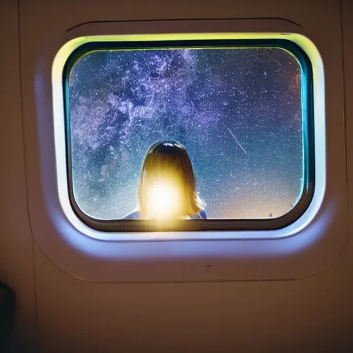 Prompt: a beautiful woman sitting in a train and looking outside of window seeing a milky way