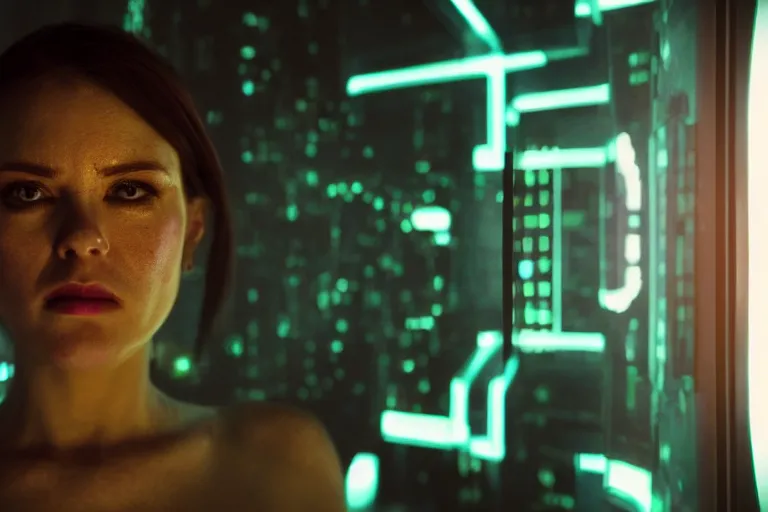 Image similar to cinematography closeup portrait of a cyborg woman in a cyberpunk apartment, neon lighting, night, by Emmanuel Lubezki