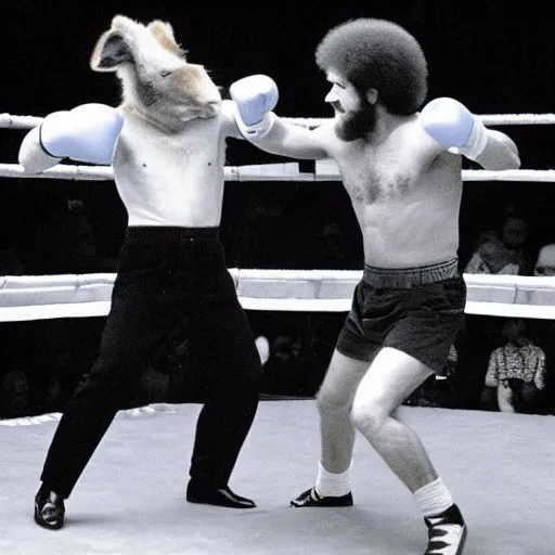 Image similar to Bob Ross fighting a kangaroo in a boxing ring