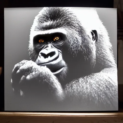 Prompt: laser projection of adult gorilla : : dark room