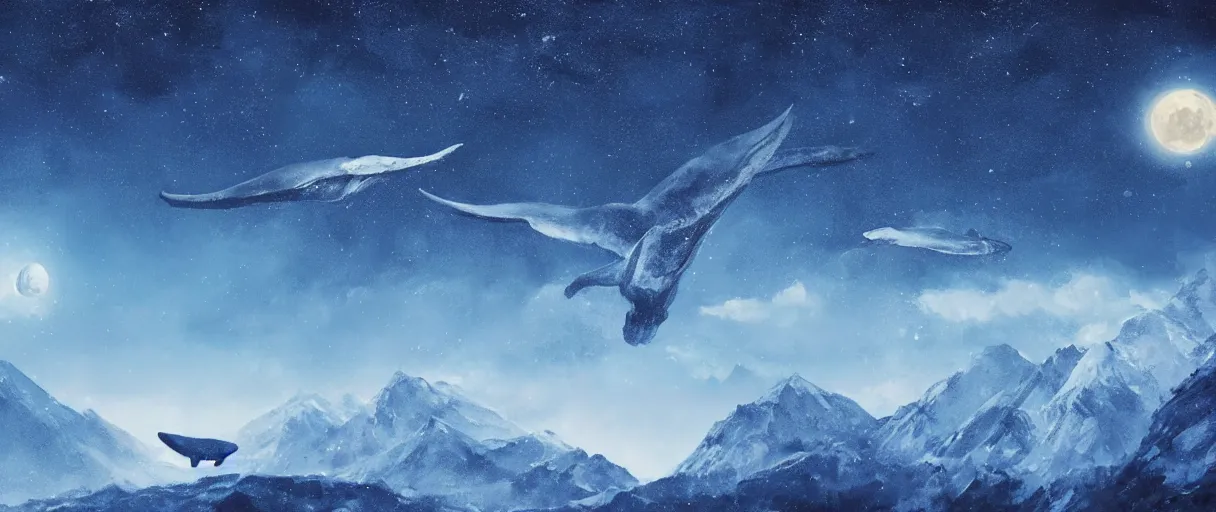 Image similar to blue whale flying in sky, above mountains, concept art, snow, starry sky, nighttime, full moon