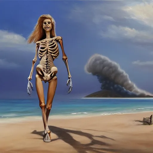Image similar to Professional painting of anatomically correct skeleton in bikini walks along the beach, big nuclear bomb explosion in the background, trending on Artstation, realistic, ultra detail
