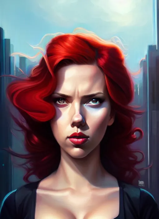 Image similar to peter mohrbacher, phil noto, artgerm, pretty scarlett johansson black widow, symmetrical eyes, long red hair, full body, city rooftop