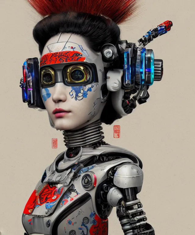 Image similar to an epic fantastic realism comic book style portrait painting of a japanese robotic geisha with kanji tattoos and decals, apex legends, octane render, intricate detail, 4 k hd, unreal engine 5, ex machina, irobot