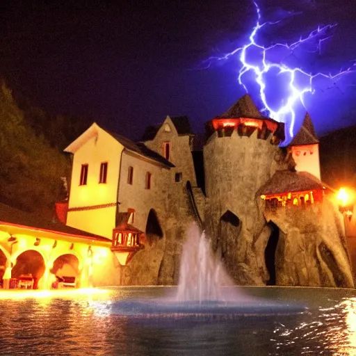 Prompt: dracula castle transylvania waterpark, night, lightning