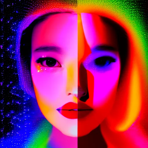 Image similar to a digital painting of a woman's face with colorful lights in the background, a hologram by li shida, featured on pixiv, holography, irridescent, holographic, psychedelic