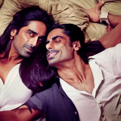 Image similar to kareena kapoor with arjun rampal in the bed, au naturel, hyper detailed, photographic, cinematic lighting, studio quality.