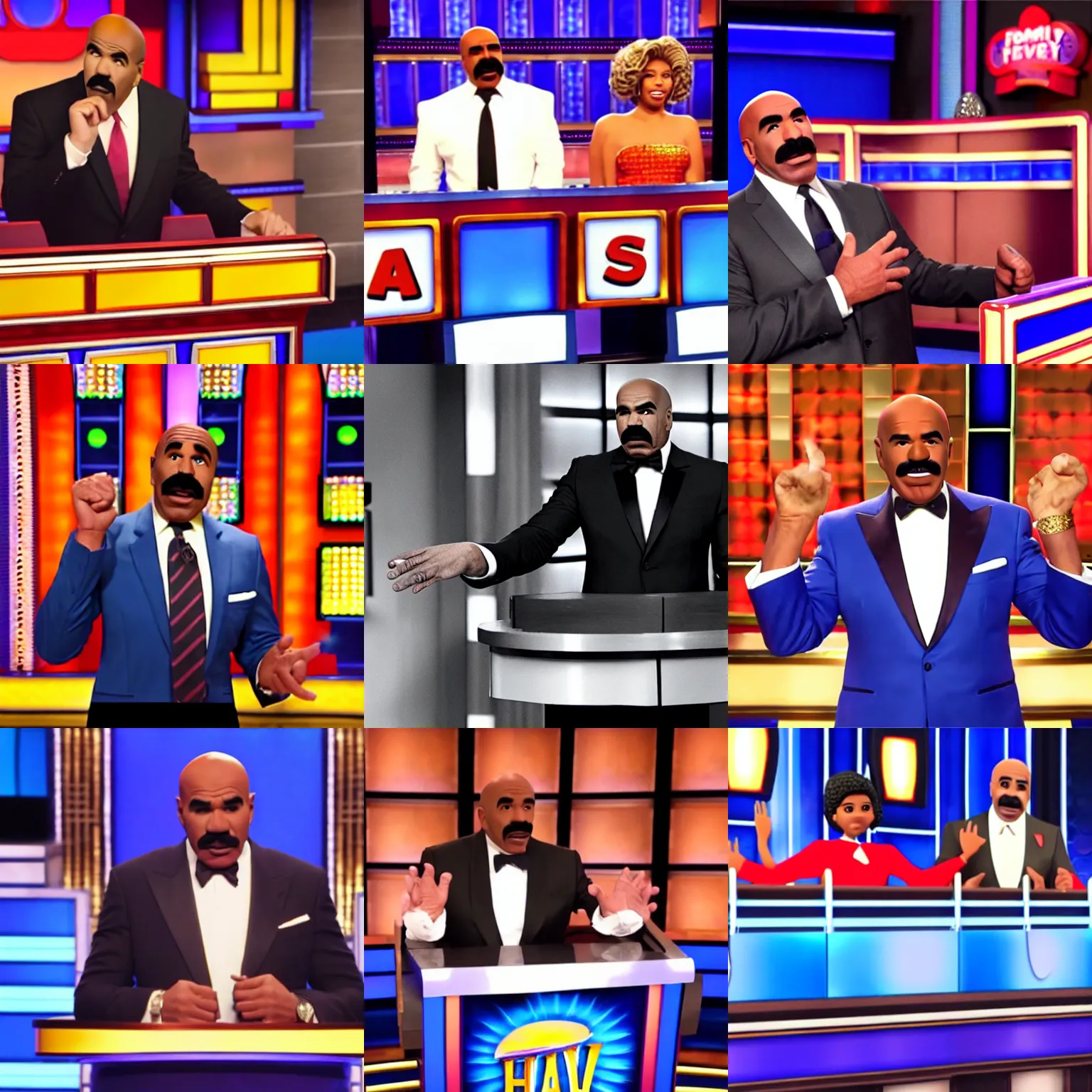 Prompt: a stop motion animation still of family feud starring steve harvey